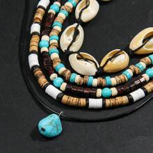 5pcs/Set Fashionable Women Vintage Style Shell, Turquoise & Coconut Shell Necklace Accessory, Beach Vacation Travel Decoration