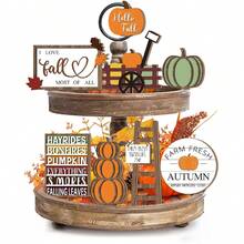 1/30 Juegos disponibles, 9 piezas/juego Decoraciones de sobremesa Decoraciones de otoño con tema de granja de la cosecha de calabazas rústicas de madera 2D para el Día de Acción de Gracias, decoración del hogar (sin bandeja) - Multicolor - Ver 5