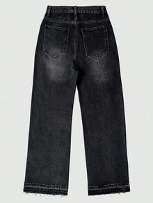 轻盈商务休闲水洗做旧裤脚男士牛仔裤，百搭修身直筒休闲裤，适合所有季节 - 黑色 - 查看 5