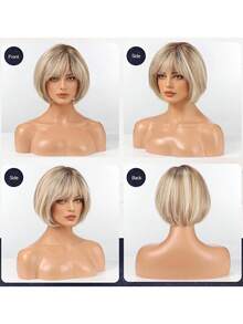 Peruca elegante, cabelo curto de elfa, penteado de estudante com gradiente dourado, bobo tingido no topo da cabeça, capa de peruca de fibra sintética com dobradiça para dentro, densidade de 150%, fibra sintética, adequada para mulheres brancas, perucas femininas