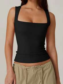 Women's Square Neck Tank Tops Sleeveless Solid Color Slim Fit Tank Tops Summer Shirts - 黑色 - 查看 4