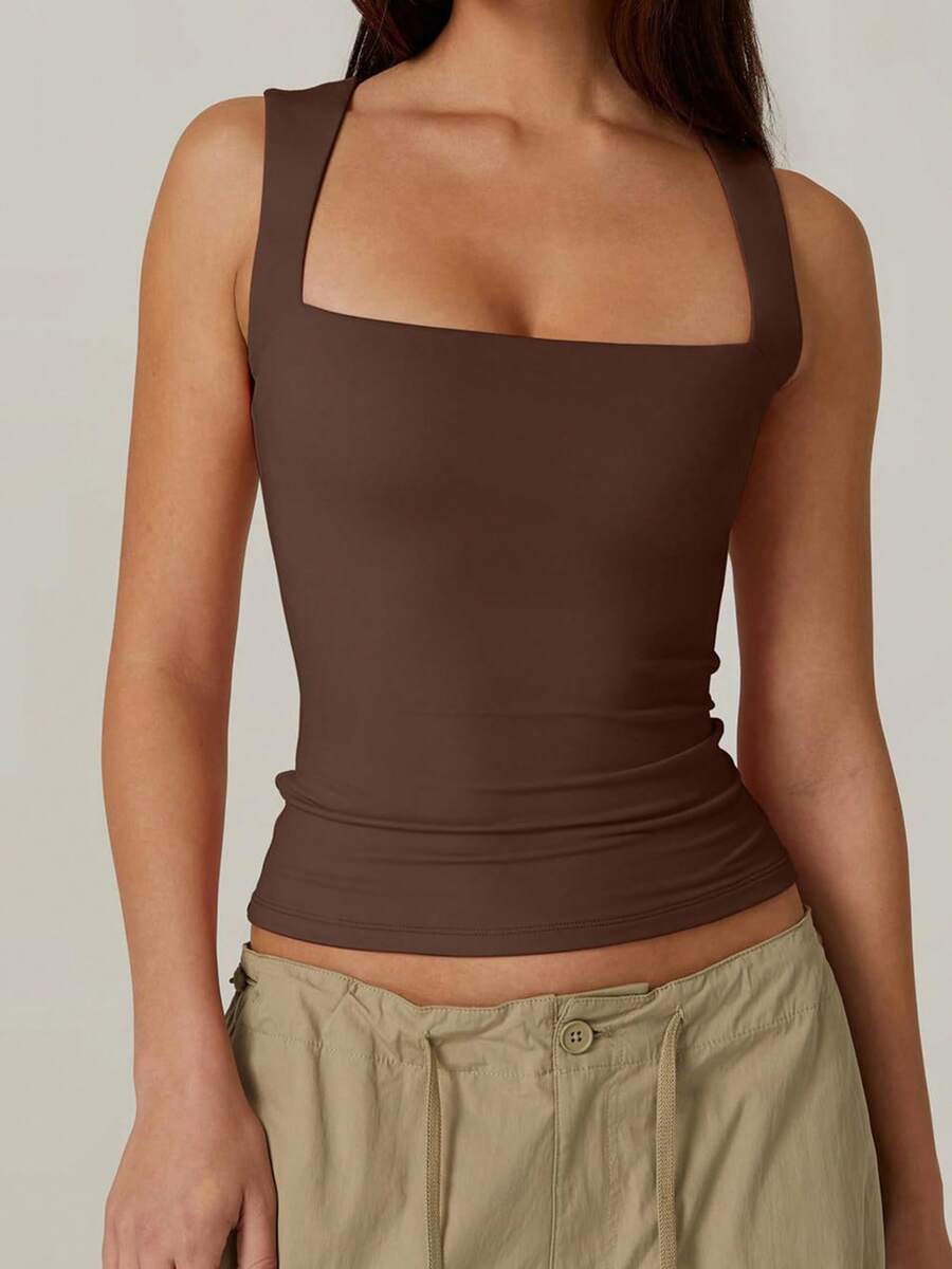 Women's Square Neck Tank Tops Sleeveless Solid Color Slim Fit Tank Tops Summer Shirts - Nâu nhạt - Xem 1