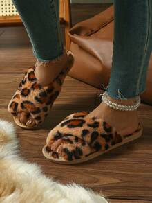 Designer Plush Leopard Print Slippers, Fashion Non-Slip Breathable Lightweight, All Season Cross-Strap Non-Slip Open-Toe Comfortable Indoor/Outdoor Animal Pattern Slides - Brown - View 2