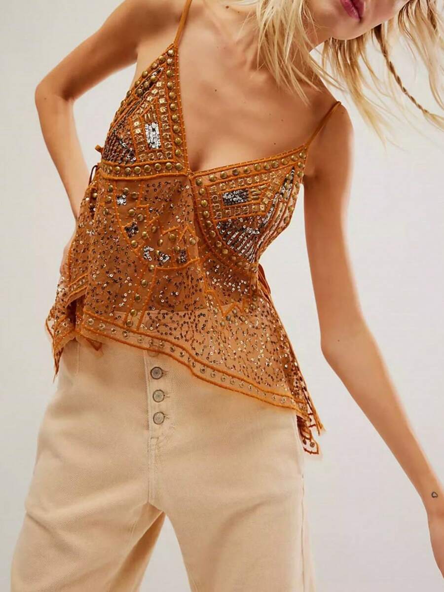 Women's Y2K Rivet Tank Tops Stylish Sequin Side Tie Sheer V Neck Crop Tops Spaghetti Straps Camisoles For Summer Streetwear Aesthetic Tops Vintage Fairy Grunge Punk Clothes - 黃色 - 查看 1