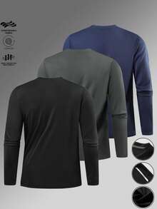 3pcs Men's Basic Long Sleeve T-Shirts, Solid Color Sports Quick-Dry Undershirts, Lightweight Breathable Fitness Running Tops, Fall Clothes - Multicolor - View 2
