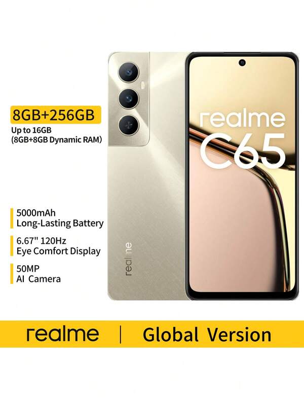 Realme C65, 8 GB + 256 GB, global entsperrt Smartphone mit leistungsfähigem Helio G85 Chipsatz und 6,67 Zoll 120 Hz Eye Comfort Display, 15 W Schnellladung und 5.000 mAh Ausdauerbatterie, 50 MP KI-Kamera, IP54 Staub- und Wasserschutz (Gold/Schwarz)