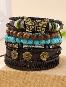12/32/48Pcs Vintage Style Multilayer Pu Leather & Wooden Beaded Bracelet With Butterfly/Flower/Eye Charms - Handmade Friendship Bracelet For Men Women - Adjustable (Random Mixed) - Multicolor - View 6