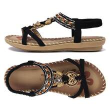 Women Sandals Floral Print Elastic Strap Lightweight Beach Shoes - màu đen - Xem 8