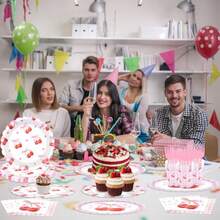 Juego de 100 piezas de vajilla desechable de cereza con diseño a cuadros rosas para fiestas, incluye platos, vasos, servilletas y tenedores. Diseño de cerezas lindas para cumpleaños, baby shower, despedida de soltera, picnic. Sirve para 20 invitados. - Cereza - Ver 7