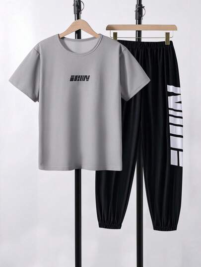 Conjunto deportivo de 2 piezas para adolescente, camiseta de manga corta fina y pantalones deportivos para niños, ropa de adolescente