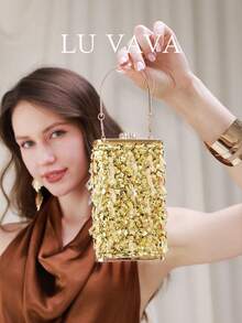 LU VAVA 水晶流苏亮片晚装手拿包 - 可拆卸链条和顶部手柄闪亮包，适合伴娘派对，香槟金色亮片婚礼钱包