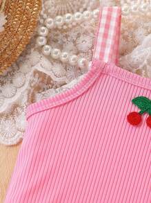 2pcs Baby Girl Summer Outfit Set 2025 - 3D Cherry Embroidered Camisole & Plaid Romper, Lightweight Infant Clothes(Age 3-6M,6-12M,12-24M)