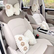 Car Headrest & Lumbar Support Pillow Set, Creative Floral Design Neck Rest And Waist Cushion, Comfortable Car Interior Accessories, For Comfortable Long-Distance Travel, Neck Protection, Waist Protection, Car Puff Detachable And Washable, Suitable All Seasons - Beige - View 2