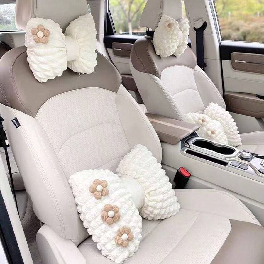 Car Headrest & Lumbar Support Pillow Set, Creative Floral Design Neck Rest And Waist Cushion, Comfortable Car Interior Accessories, For Comfortable Long-Distance Travel, Neck Protection, Waist Protection, Car Puff Detachable And Washable, Suitable All Seasons
