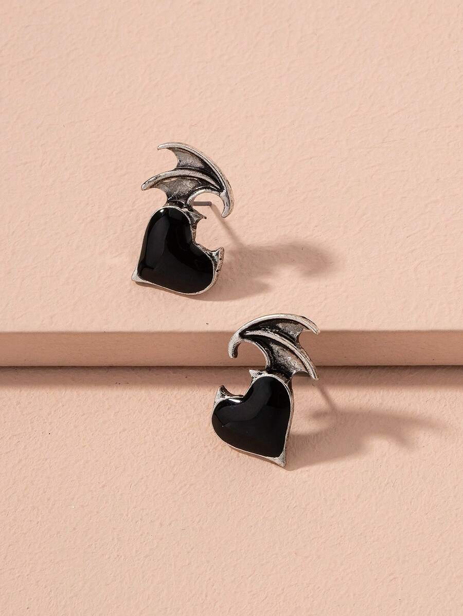 1 Cặp Hoa tai đinh tán hình trái tim bằng hợp kim tráng men màu đen theo phong cách Gothic cổ điển, phù hợp với trang phục hàng ngày của phụ nữ, trang sức hộp đêm, hoa tai bộ xương Halloween, quà tặng Halloween, trang sức Halloween - màu đen - Xem 1