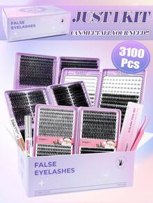 3100 Pcs Manga Lash Clusters Kit Gift Packs Fluffy False Eyelashes Extensions 0D+30D+40D+50D+60D+80D+100 D Curl Wispy Individual Fake Eyelashes, Volume Studio Effect, Value Pack 3100Pcs With Glue|Tweezers|Removers|Eyelash - 黑色 - 查看 3