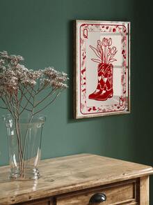 1 件女王扑克牌帆布海报牛仔靴挂画红色花朵印刷图片樱桃心墙画酒吧女孩房间走廊墙壁装饰生日礼物无框架 - 紅色 - 查看 3