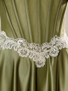 圣诞魅力缎面复古束腰A字长裙，别致伴娘礼服，姐妹晚礼服，派对礼服 - 綠色 - 查看 4