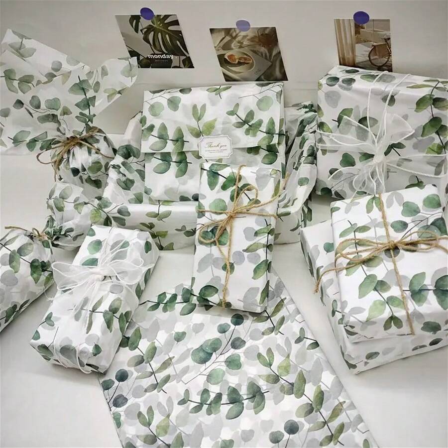 優雅綠色尤加利葉薄棉紙大包裝，19.69*13.78英吋波希米亞風禮品包裝內襯紙，花藝花束紙，禮盒填充紙，DIY手工用品，適用婚禮、聖誕節、生日與派對裝飾