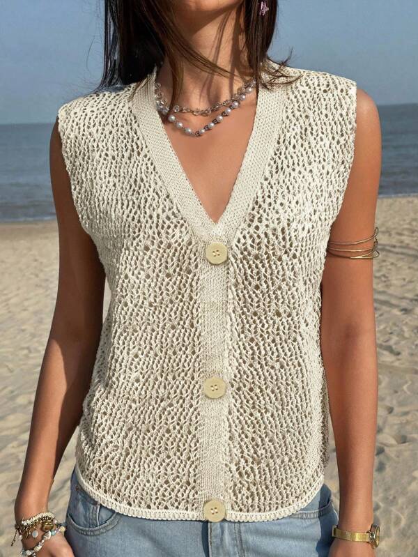 Spring And Summer New Women's Solid Color Button Hollow Out Design Detail Cardigan,Casual Vacation Sweater V-Neck Vest Hollow Out Top,Beach Outfits For Woman Music Festival Fashionable,Everyday Versatile Comfortable Sweater Top