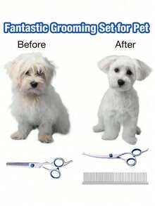 3pcs Professional Pet Grooming Scissors Set: Round Tip Grooming Scissors + Serrated Thinning Scissors + Stainless Steel Double-Sided Comb, Suitable For Dog And Cat Pet Grooming Scissors Set - Blue - View 5