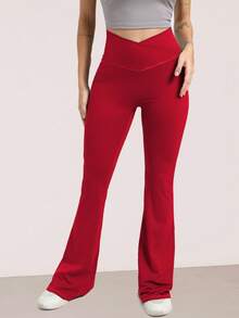 RUNONWHEELS 5 女士勃艮第酒红色 V 型提臀瑜伽健身喇叭紧身裤，交叉腰带，高腰运动健身跑步紧身阔腿裤