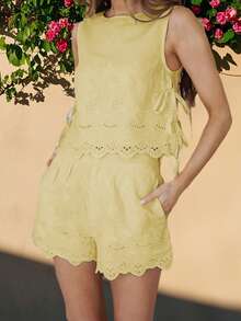 Embroidery Set For Women Summer Sleeveless Round Neck Tie Up Tank Tops Side Zipper Shorts 2 Piece Outfit - 黃色 - 查看 5