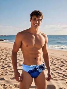 1pc Men's Tropical Print Swimsuit, Breathable Beach Party Swimming Trunks