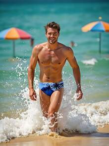 1pc Men's Tropical Print Swimsuit, Breathable Beach Party Swimming Trunks