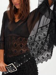 Womens Y2K Lace Patchwork Frill Poncho Tops Solid Color See Through Batwing Sleeve V Neck Ruffle Hem Loose Fit Sheer Mesh T Shirts Blouses Boho Peplum Shawl Shirts Summer Going Out Tops Beach Cover Up Vacation Streetwear - 黑色 - 查看 3