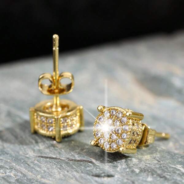 Boucles d'oreilles clou rondes de couleur or et argent pour femmes/hommes, design mode 4 griffes avec strass brillants. Boucles d'oreilles strass rondes délicates pour femmes/hommes, couple. Bijoux d'oreille mode polyvalents, cadeau pour la Saint-Valentin, anniversaire, fête