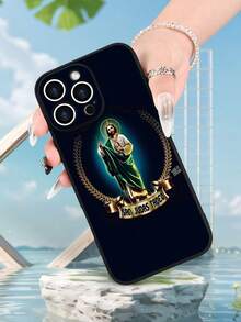 1pc St. Jude Tobias Religious Pattern Frosted Texture Mobile Phone Case With Lens Protection And Drop-Proof Design, Suitable For IPhone 11, 12, 13, 14, 15, 16 Pro Max And Other Models - 黑色 - 查看 2