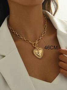 1pc Minimalism Simple Chunky Heart Decor Hammering Pattern Creative Chunky Charm Necklace Gold Chain Handmade Twisted Pattern Chain Fashionable Women Choker Pendant Necklace Classic Jewelry Luxury Girl Accessories Party Gift For Friend Free To Match Valentines,Mom,Mother,Mother's Day,Gift