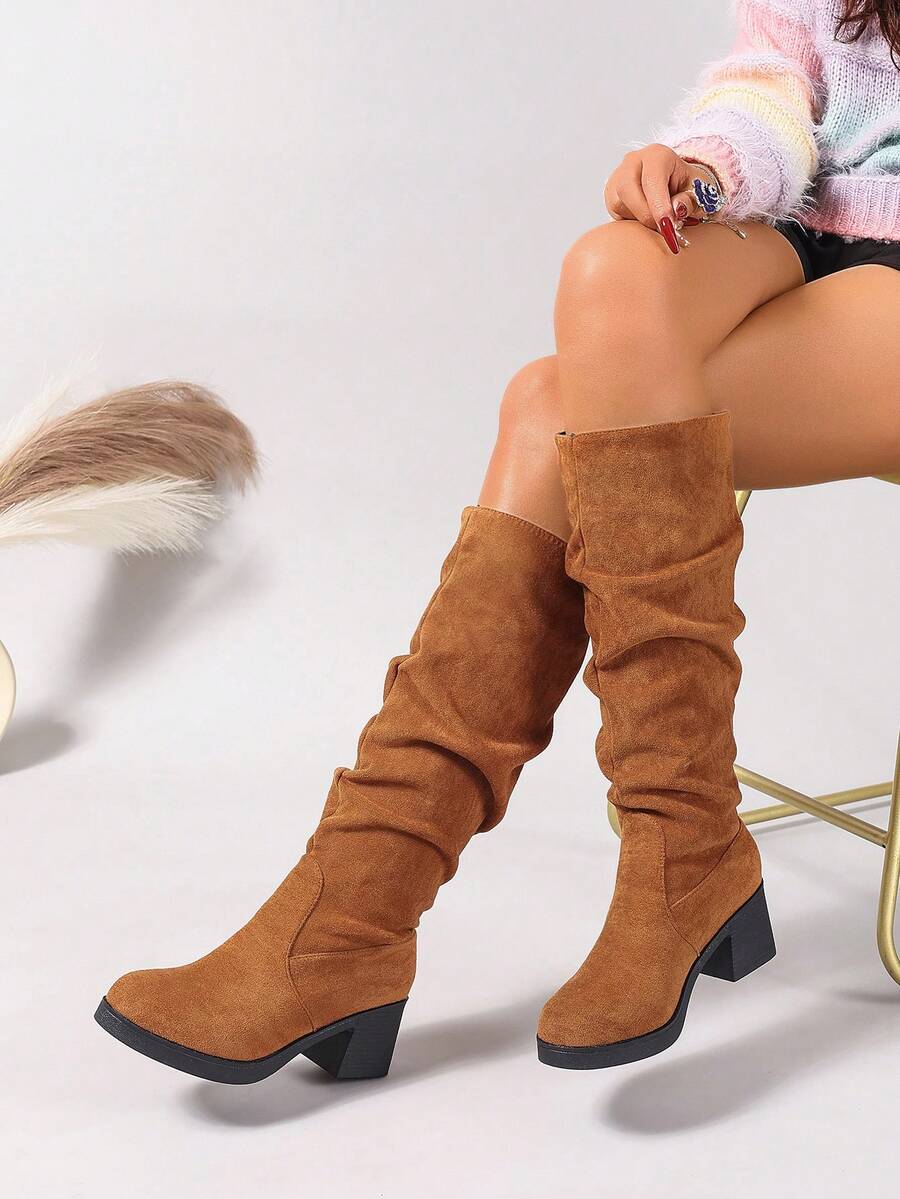 新款女式棕色时尚靴子，粗跟厚底圆头褶皱设计中筒靴，秋冬，及膝靴 - 棕色 - 查看 1