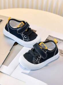 1 Pair Baby Soft Denim Fabric Shoes With Hook And Loop Design, Easy For Toddlers To Put On/Off, Comfortable Soft Sole For Running & Jumping, Adorned With Simple Yellow Details, Suitable For Everyday Wear And Indoor Activities