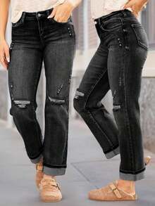 Women's Stretch Jeans, Distressed Black - Slim Fit With Distressed Detail, Comfortable Fabric, Suitable For Leisure And Sports, Hand Washable, Spring And Fall Clothing | Distressed Detail Jeans - 黑色 - 查看 1