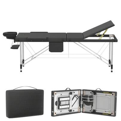 VA-Cerulean Massageliege aus Aluminium klappbar und höhenverstellbar mit 3 Zonen, 230 kg Traglast, 8,5 cm Schaumstoffpolsterung, inklusive Tragetasche, Kopfstütze und Seitenarmlehnen (Schwarz/Weiß/Beige)
