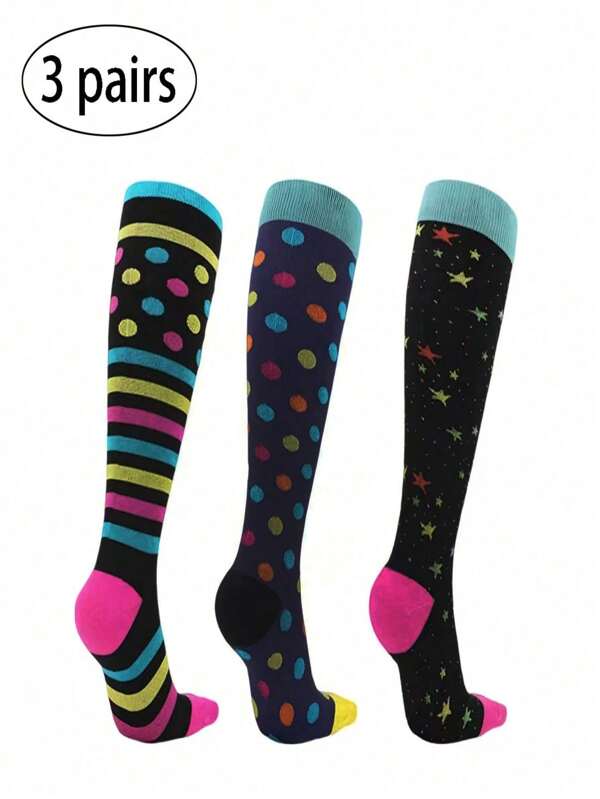 3 Pairs Unisex Striped & Polka Dot Compression Calf Socks, Suitable For Outdoor Cycling, Fitness, Running