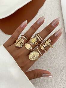 10pcs Fashionable Punk Ins Style Cross & Virgin Mary Rhinestone Knuckle Rings Set, Versatile For Daily, Party, Street Wear (Ring Diameter: 1.7cm & 1.9cm, Sizes Vary) - Yellow Gold - View 2