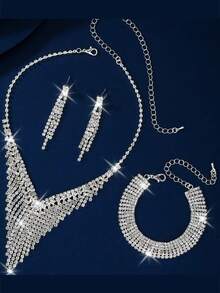 新娘全套水钻项链和耳环套装，夸张优雅简约项链，百搭正装 - 銀白色 - 查看 7