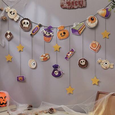 1 套万圣节派对糖果、蜘蛛、幽灵、蝙蝠、南瓜、骷髅吊旗、节日庆典装饰横幅