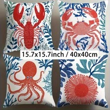 4pcs Colorful Marine Life Decorative Pillow Covers, 45cm - Coastal Charm Throw Pillow Cases With Lobster, Crab, Octopus And Coral Patterns, For Sofa, Bed, Living Room - Soft Polyester, Zipper Closure, Hand Wash Only (Pillow Insert Not Included)