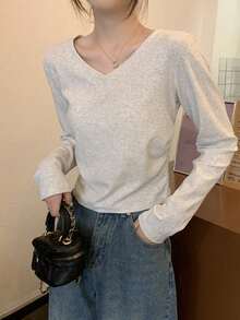 2025 新款 V 领长袖修身 T 恤，女士分层上衣，春秋季