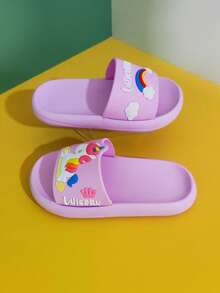 1 par de chanclas planas de EVA con arcoíris y unicornio para niños, adecuadas para uso en interiores/exteriores, hogar, baño, verano