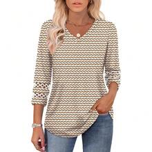 XIEERDUO 3/4 Length Sleeve Womens Tops Dressy Casual Blouses For Women 2025  V Neck T Shirts Summer Clothes - Z Brown 幾何 - 查看 2