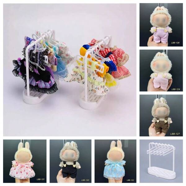 Sanrio 15-17cm Mini Clothing Rack Display Stand Set For Labubu Dolls, Includes 1 Drying Rod, 5 Hangers, And 1 Random Labubu Outfit - Fashion Accessories For Labubu DIY, Suitable For Collection Display And Unique Holiday Gift (Doll Not Included)