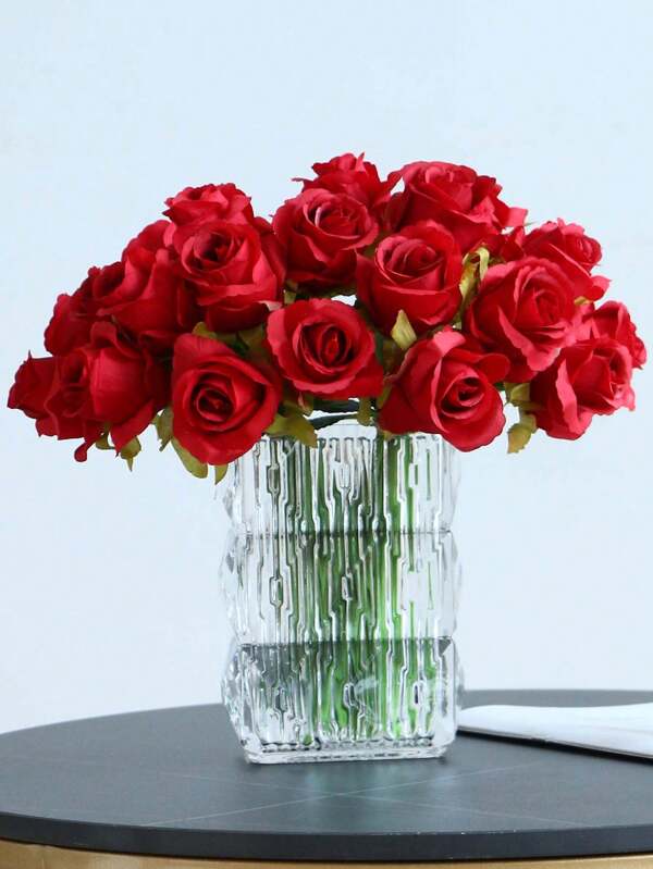 12 Pcs, 26.5cm/10.4 Inch, Red Rose Flower Artificial Bouquet, Fake Flower Home Decor Arrangement. Stems Are Bendable With Wire. Suitable For Kitchen, Office, Bathroom, Dining Table, Coffee Table, As Well As Wedding And Engagement Decoration.