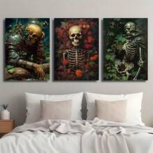 3 幅现代骷髅与花卉墙面艺术帆布海报，高清打印可选画框，客厅和卧室家居装饰挂画 - 彩色 - 查看 2