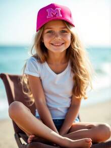 1顶儿童26字母个性化姓名印花遮阳帽棒球帽男女童可调节后扣户外休闲遮阳帽 - 玫紅色 - 查看 5