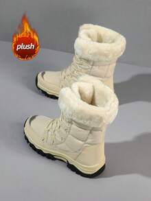 Giày bốt đi tuyết dày ấm chống trượt bền bỉ cho nữ khi đi ngoài trời, giày đi bộ đường dài cổ cao màu trơn thoải mái - Màu be - Xem 3